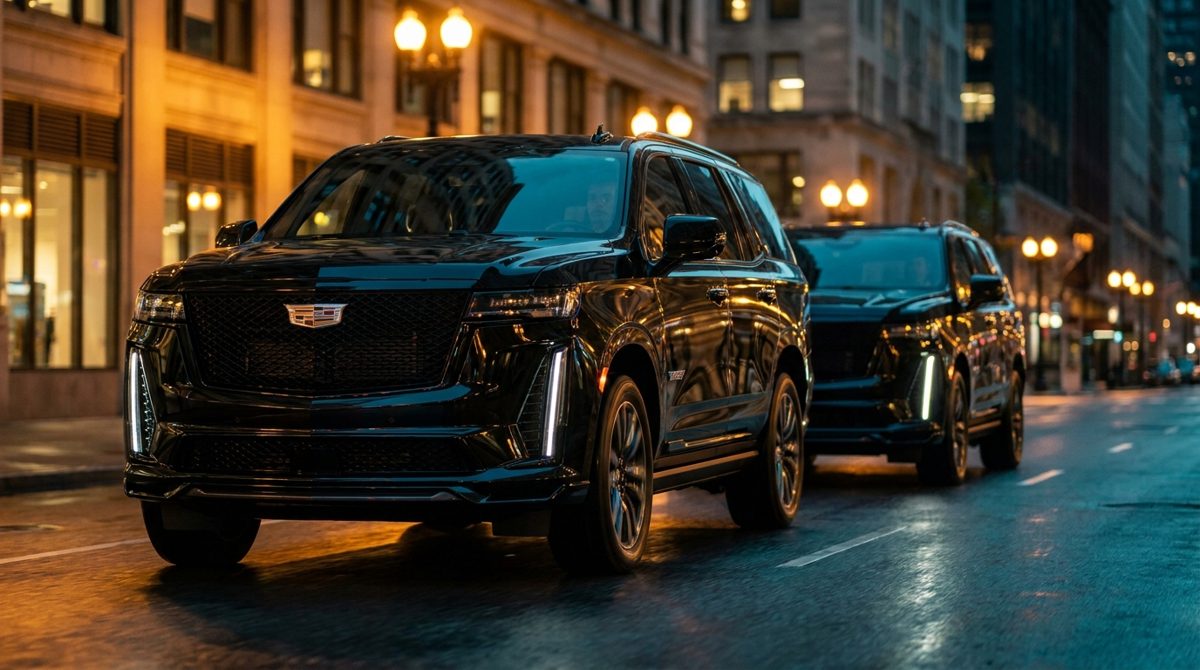 Black Escalade at night in New York City