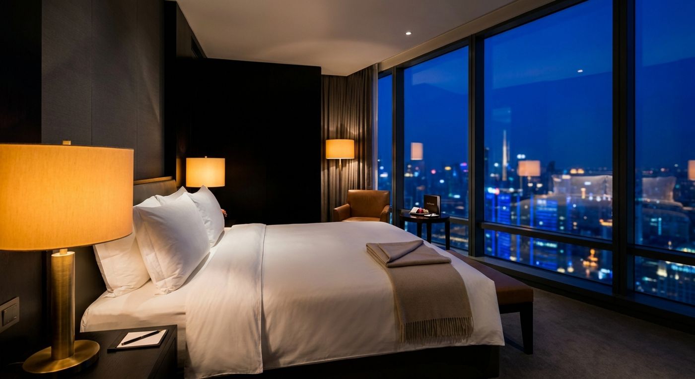 Luxury hotel suite with skyline view