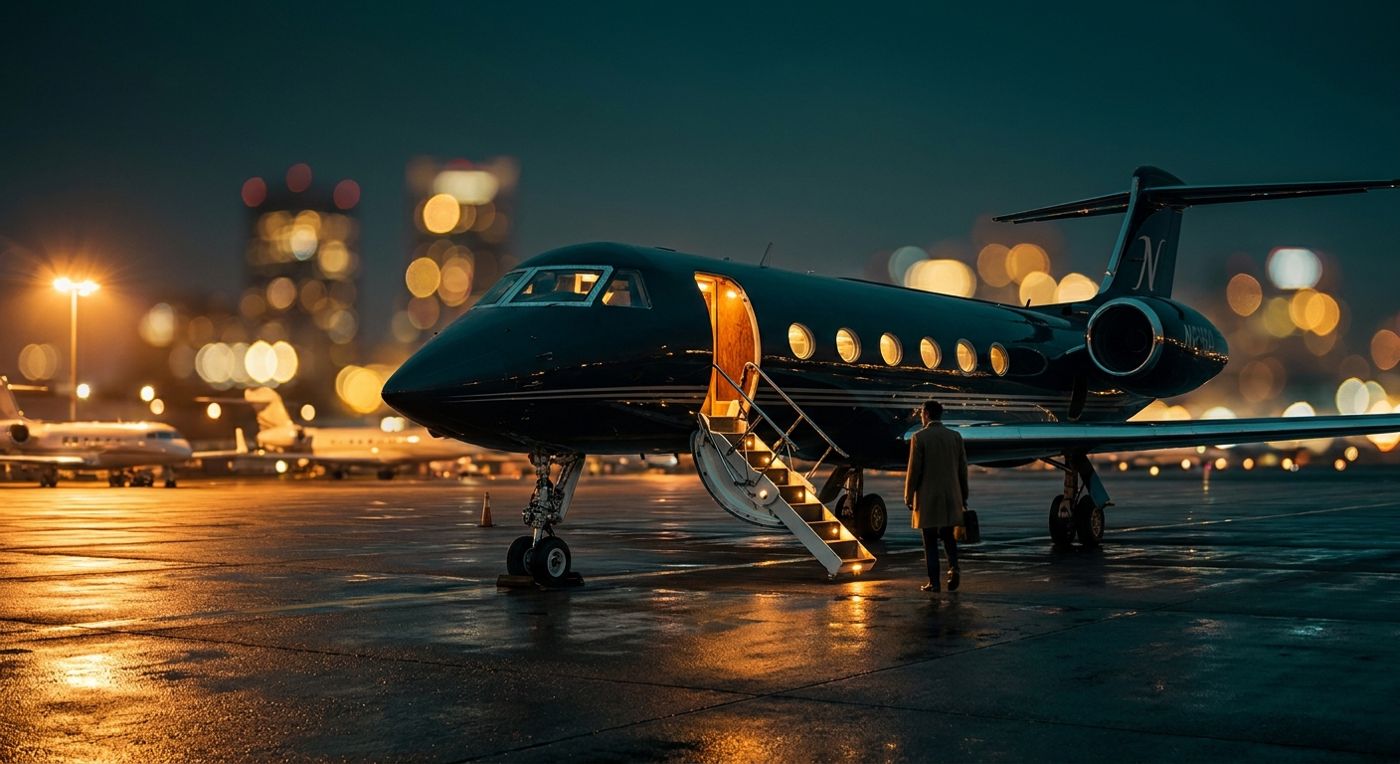 Private jet on the tarmac at night