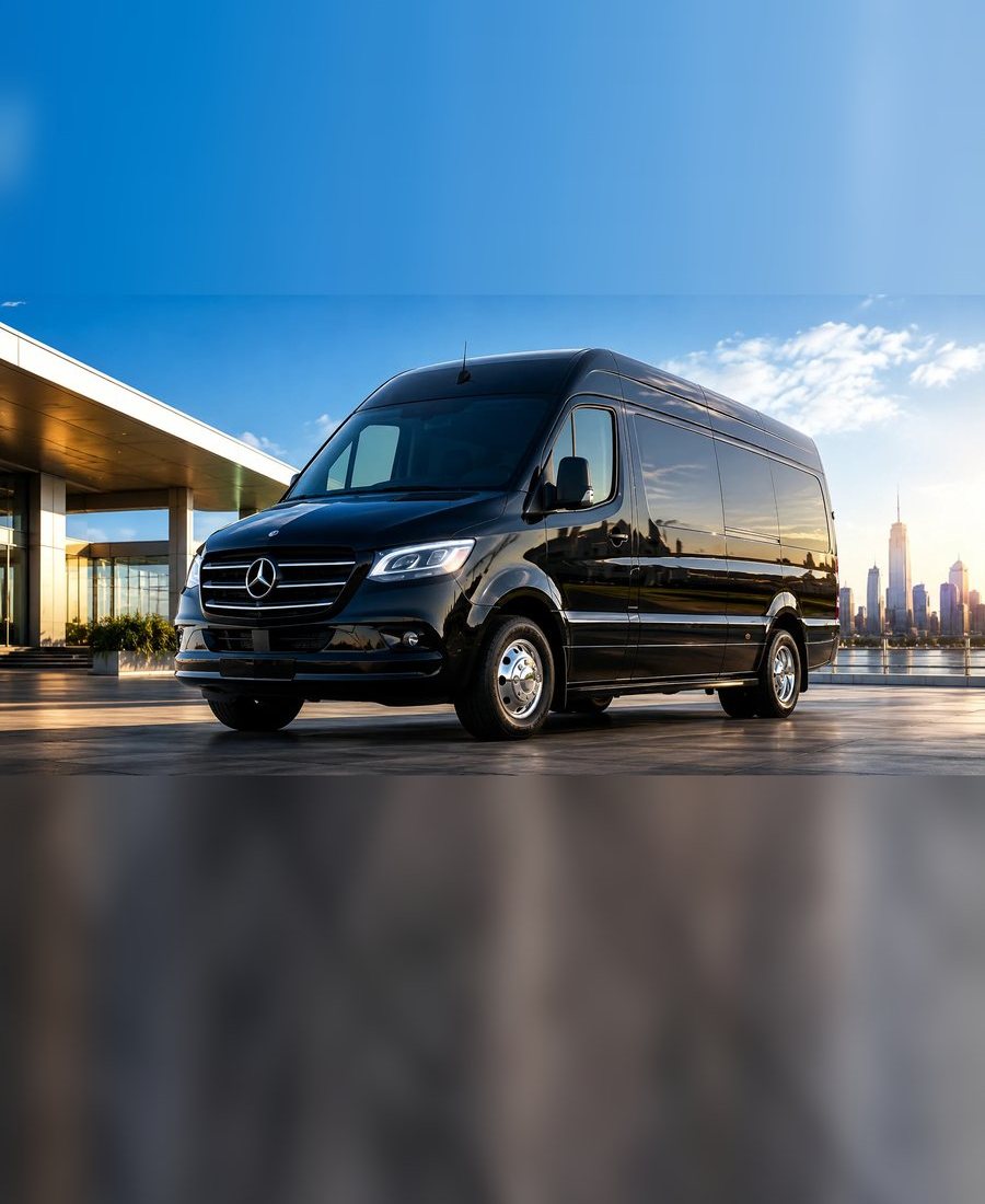 Black Mercedes Sprinter with the New York skyline