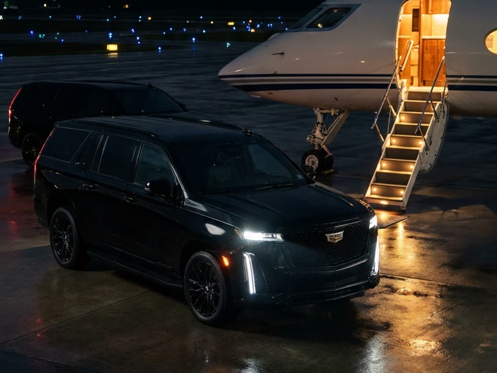 Escalade meeting a private jet at night